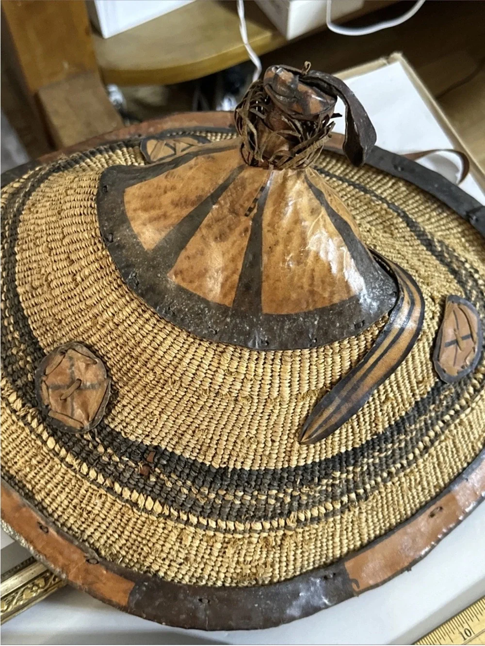 Vintage African Fulani Tribal Straw Hat Woven Wall Art Leather Trimmed on TopVin